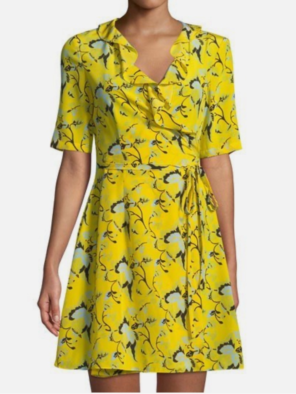 Diane von Furstenberg Yellow Floral Silk Wrap Dress Size 6 DVF